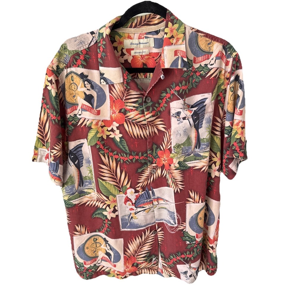 Tommy Bahama Hawaiian Silk‎ Shirt Mens M Christmas Marlin Santa Aloha Hawaii
